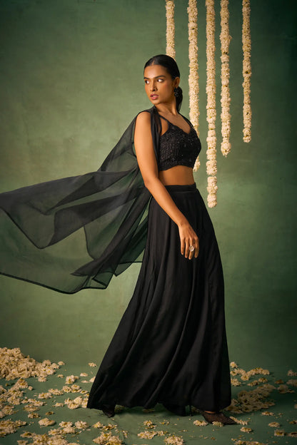 Black Indo Western Khatli Work Blouse With Sharara And Cap