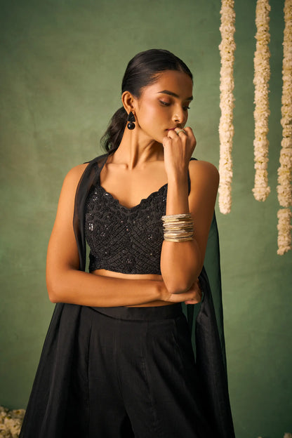 Black Indo Western Khatli Work Blouse With Sharara And Cap