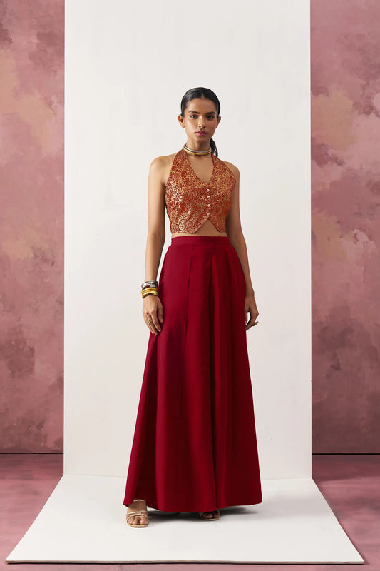 Maroon Red Jacquard Waistcoat And Palazzo Indo Western Co-ord Set