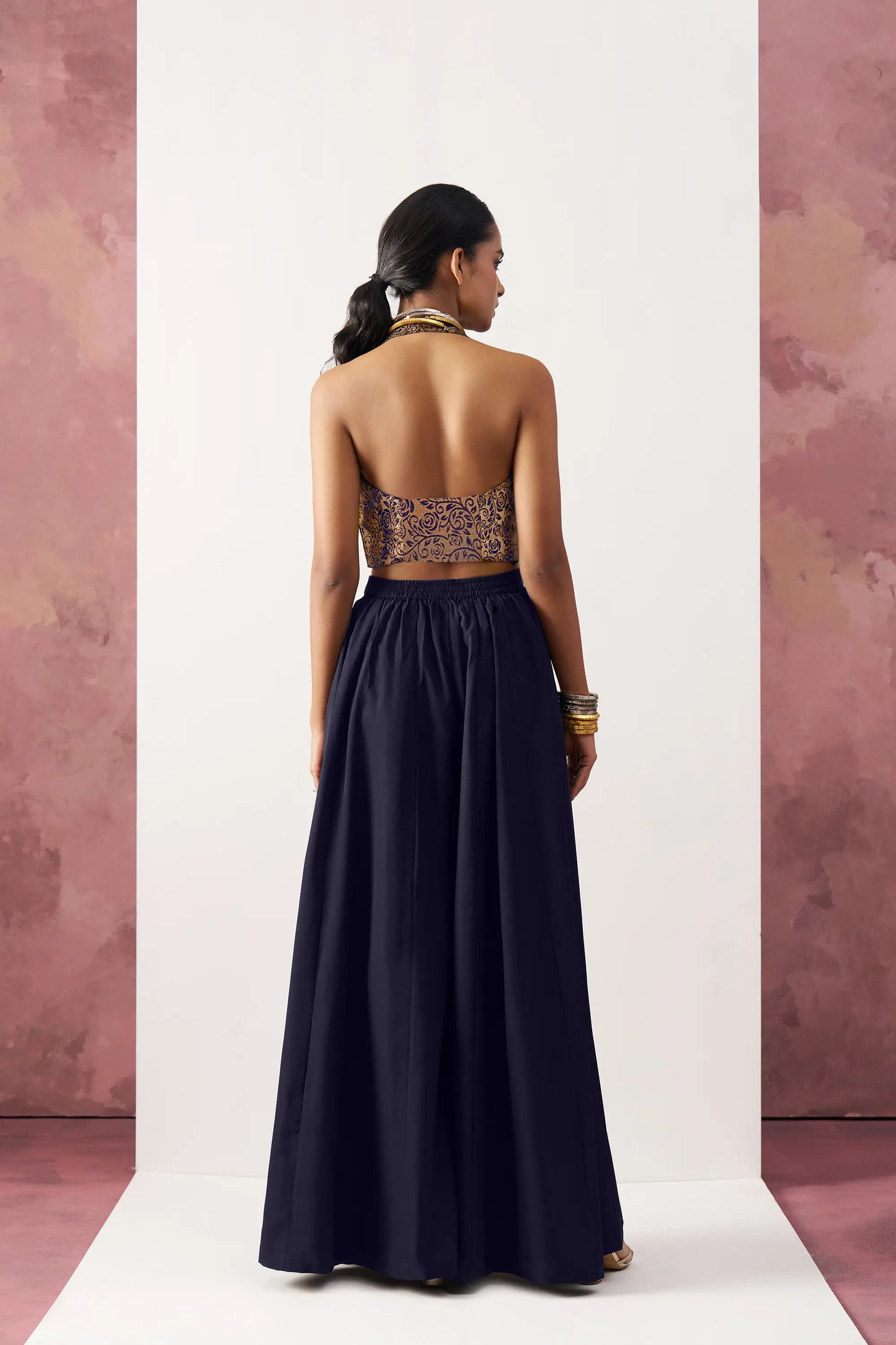 Navy Blue Jacquard Waistcoat And Palazzo Indo Western Co-ord Set