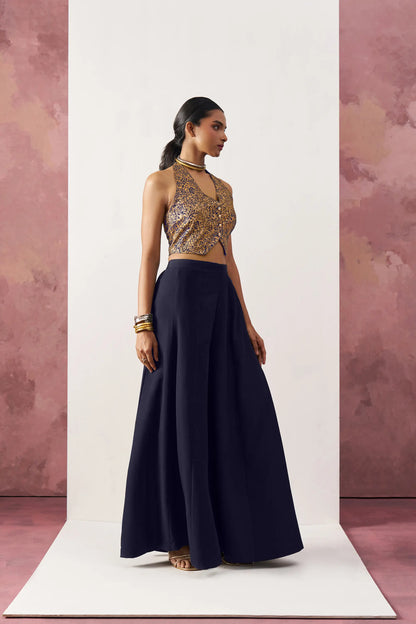 Navy Blue Jacquard Waistcoat And Palazzo Indo Western Co-ord Set