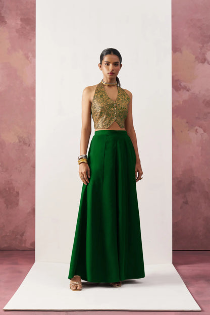 Green Jacquard Waistcoat And Palazzo Indo Western Co-ord Set
