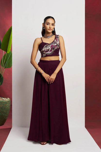 Wine Hand Work Party wear Indo Western Sharara Set With Dupatta