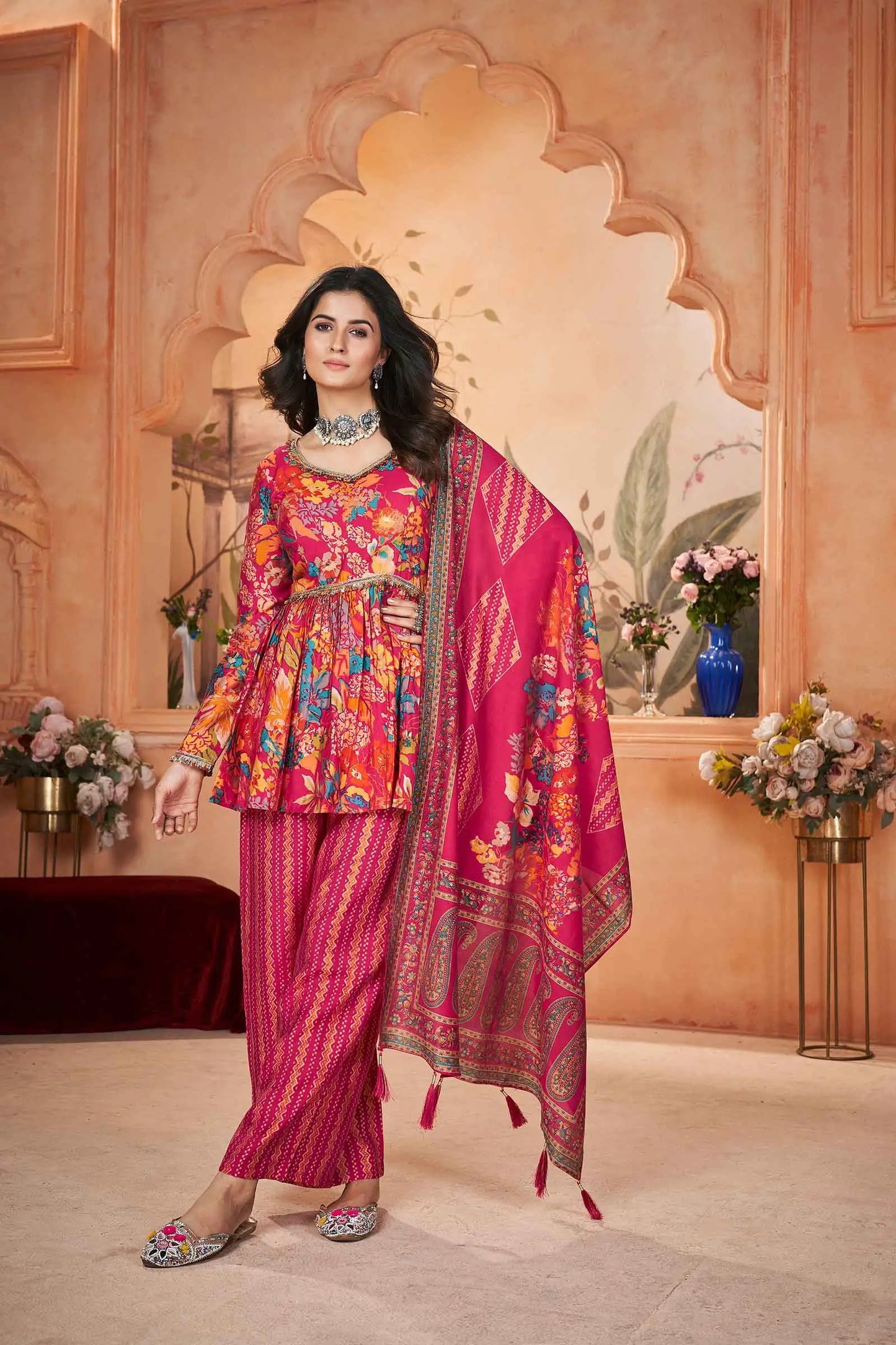 Rani Pink Digital Floral Print Silk Salwar Suit