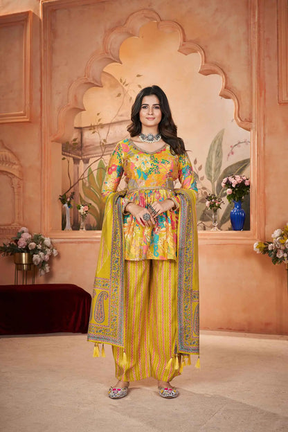 Yellow Digital Floral Print Silk Salwar Suit