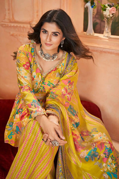 Yellow Digital Floral Print Silk Salwar Suit