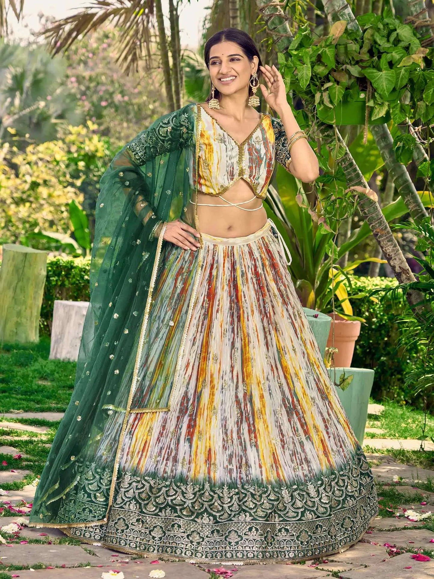 Designer Green Lehenga With Sequins Zari Embroidery Work With Digital Print