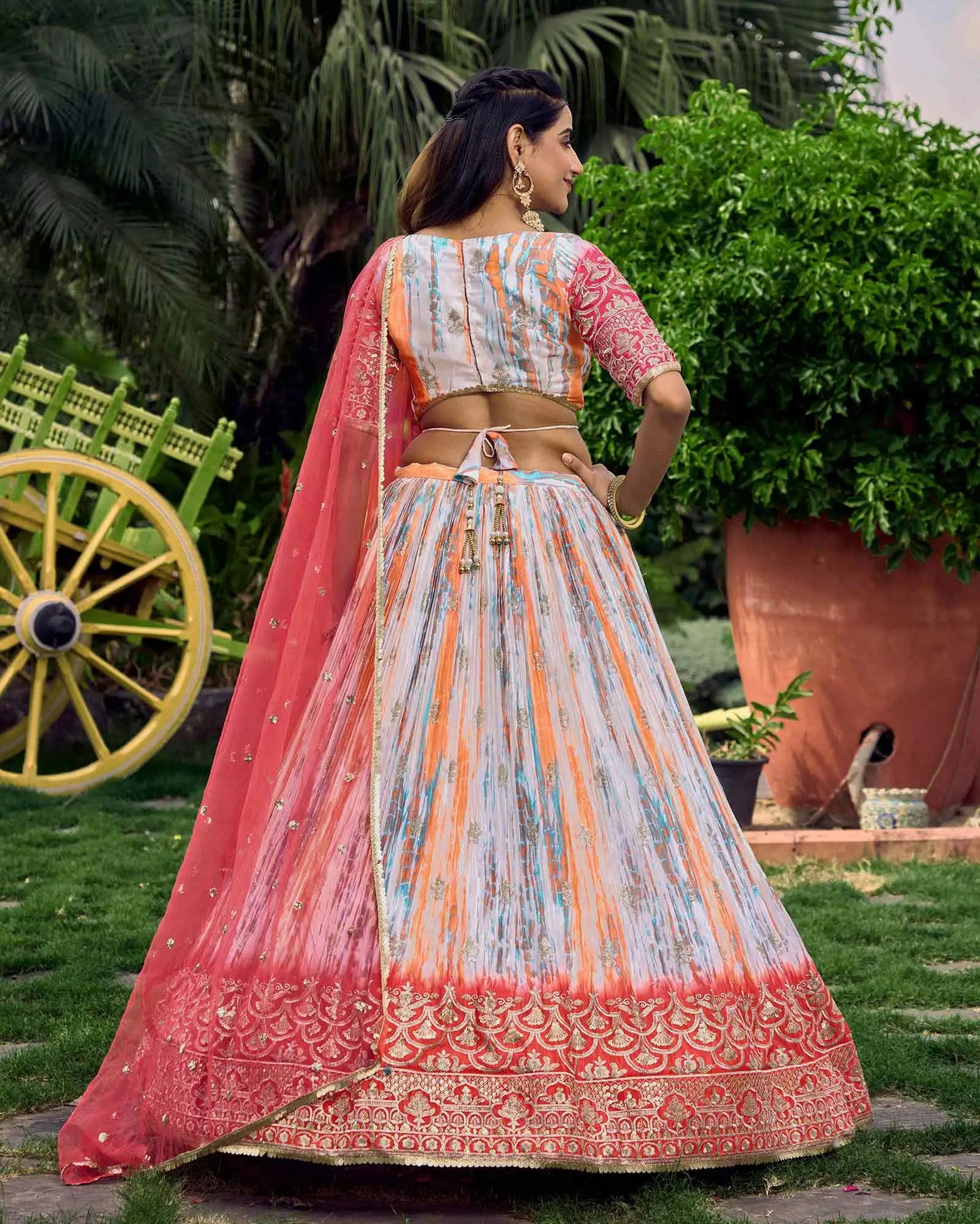 Pink With Multi Color Lehenga With Sequins Zari Embroidery Work With Digital Print
