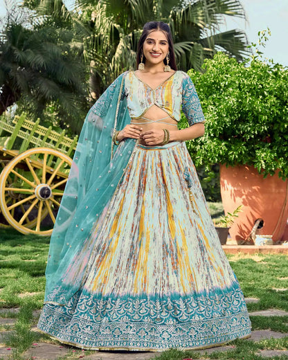 Designer Sea Blue Lehenga With Sequins Zari Embroidery Work With Digital Print