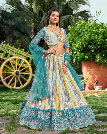 Designer Sea Blue Lehenga With Sequins Zari Embroidery Work With Digital Print