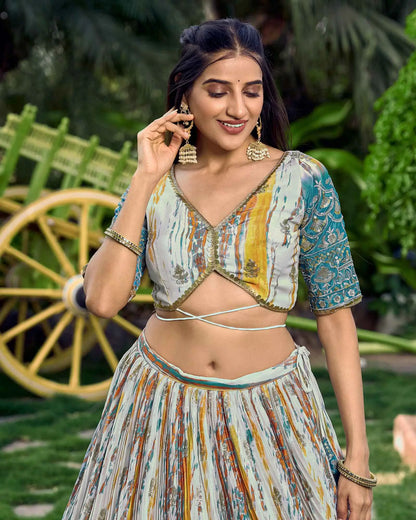 Designer Sea Blue Lehenga With Sequins Zari Embroidery Work With Digital Print