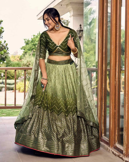 Dark And Light Green Lehenga Choli With Thread And Sequins Embroidery Work
