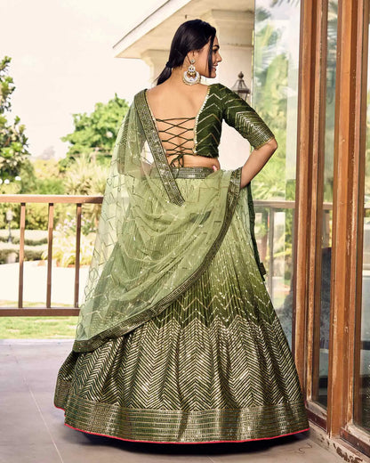 Dark And Light Green Lehenga Choli With Thread And Sequins Embroidery Work