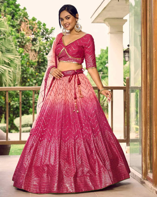 Peach And Pink Lehenga Choli With Thread And Sequins Embroidery Work