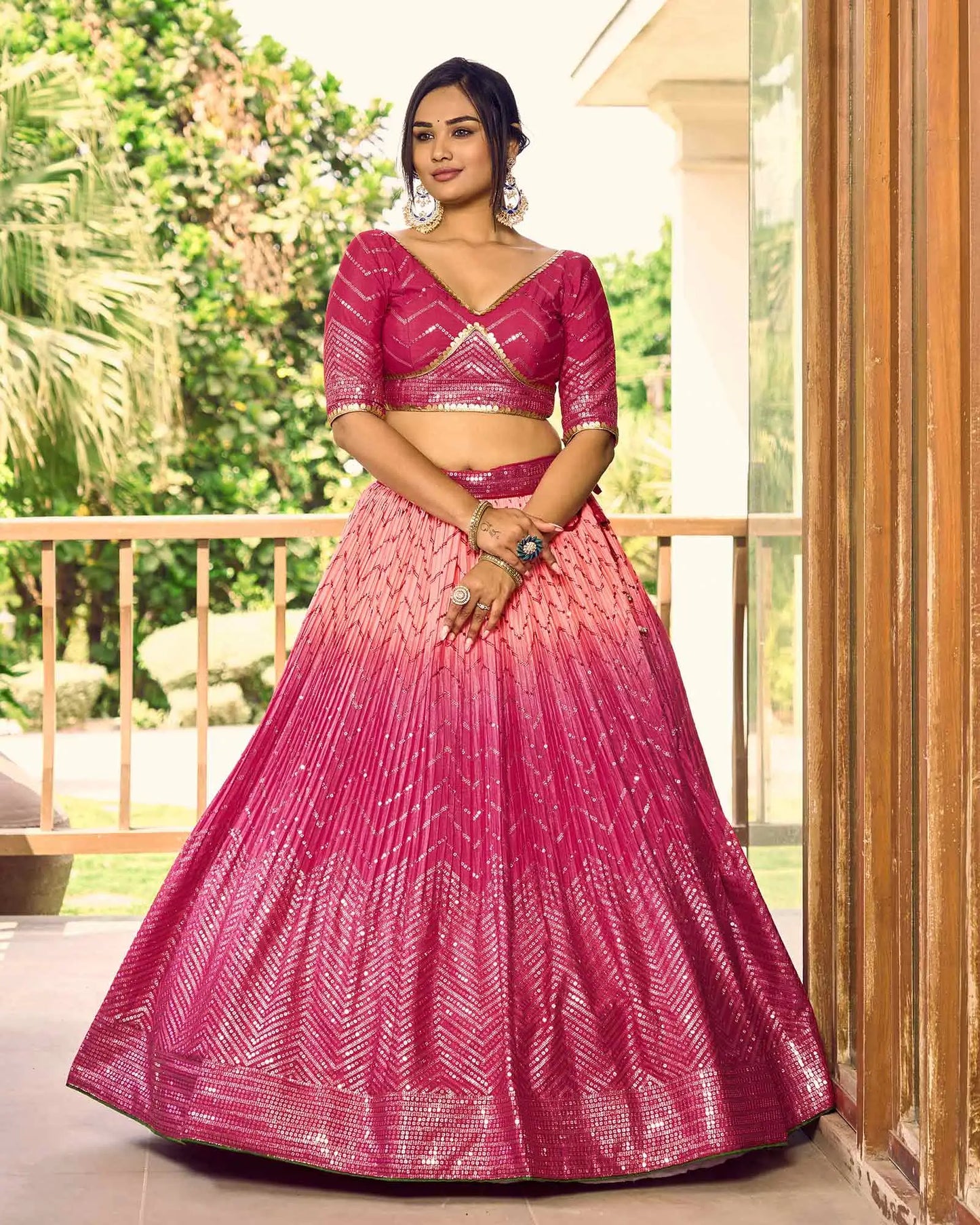 Peach And Pink Lehenga Choli With Thread And Sequins Embroidery Work