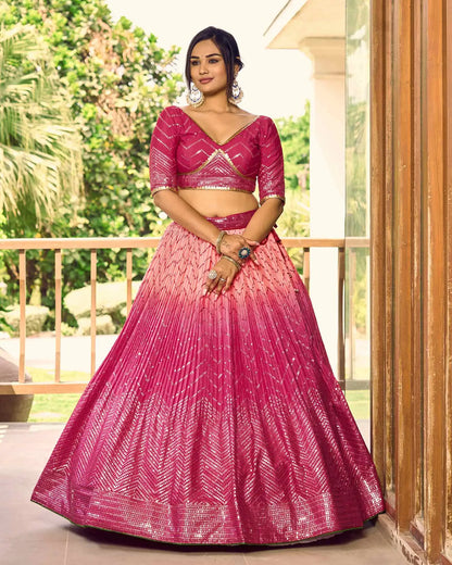 Peach And Pink Lehenga Choli With Thread And Sequins Embroidery Work