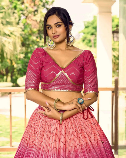 Peach And Pink Lehenga Choli With Thread And Sequins Embroidery Work