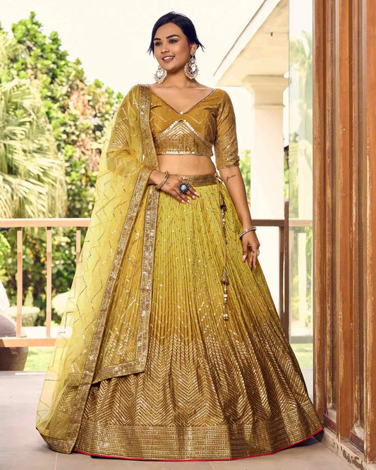 Dark And Light Yellow Lehenga Choli With Thread And Sequins Embroidery Work