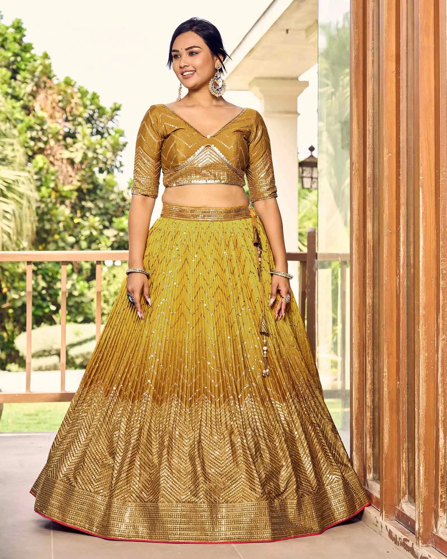 Dark And Light Yellow Lehenga Choli With Thread And Sequins Embroidery Work