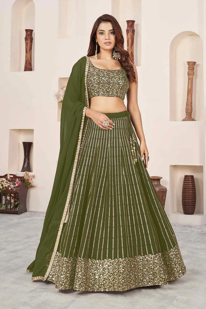 Dark Olive Green Georgette Lehenga With Sequins And Zari Embroidered Work