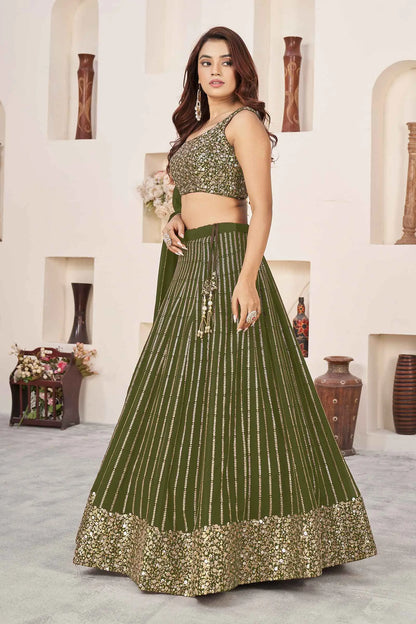 Dark Olive Green Georgette Lehenga With Sequins And Zari Embroidered Work