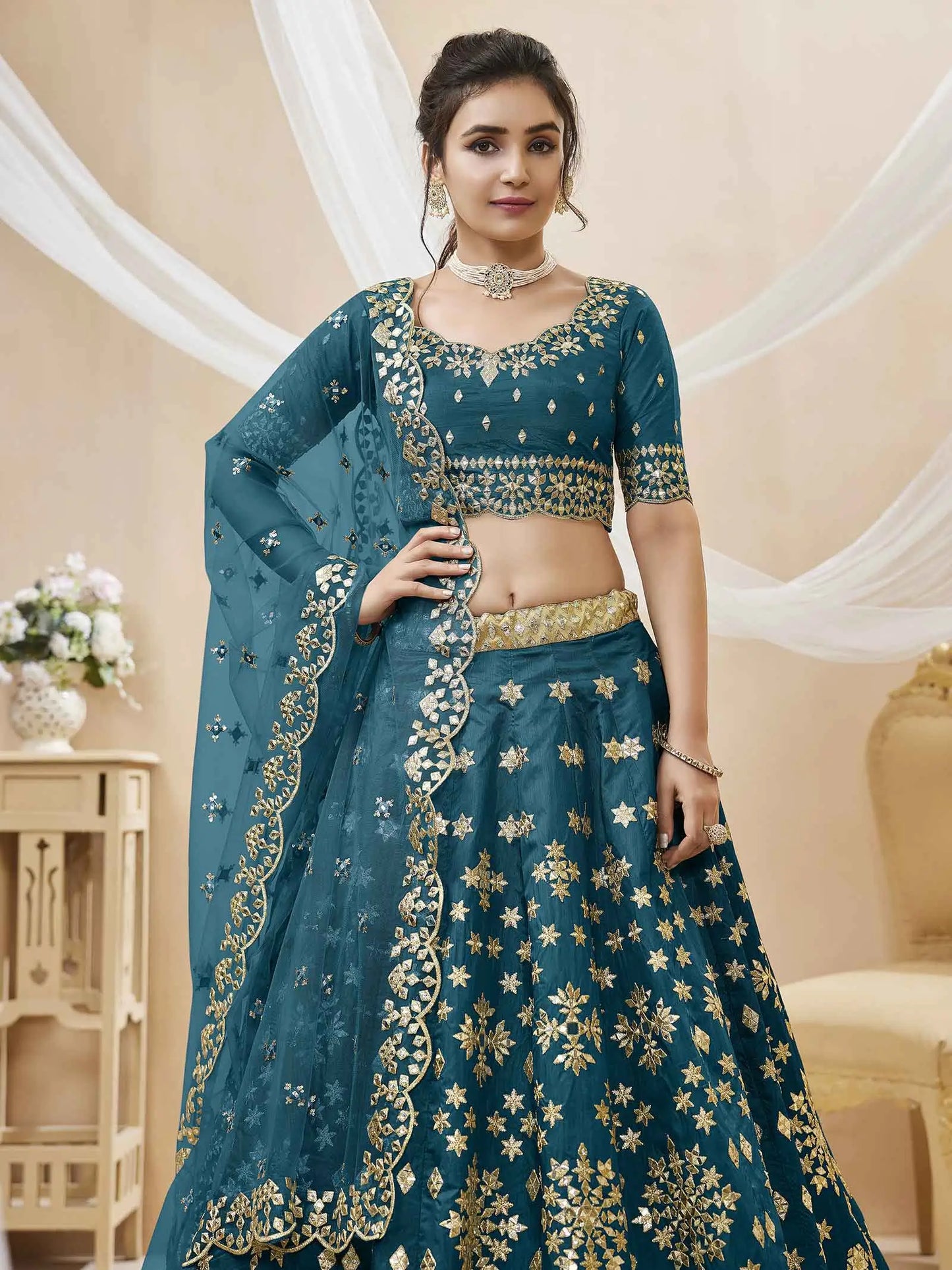 Teal Blue Art Silk lehenga With Sequins Zari Embroidered Work With Net Dupatta
