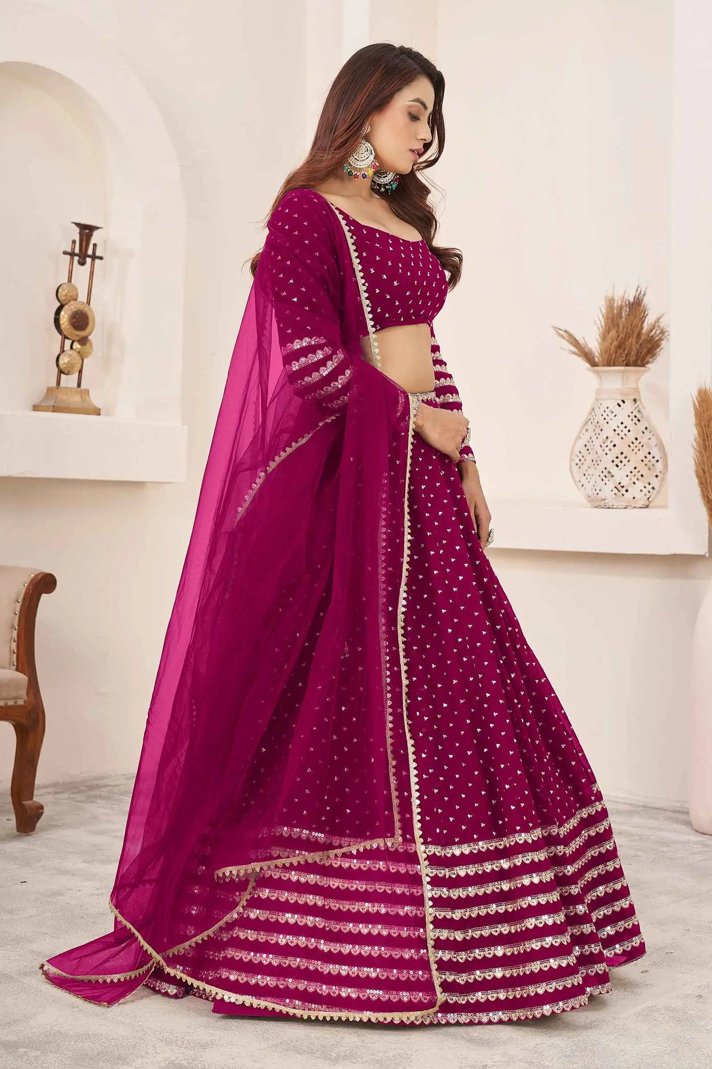 Mulberry Pink Zari Sequins Embroidery Work Georgette Lehenga Choli