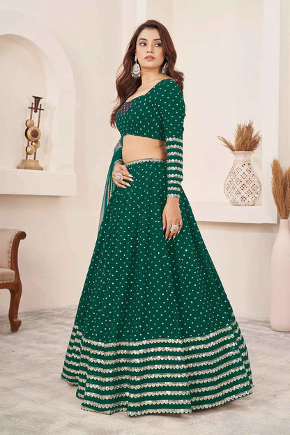 Teal Green Georgette Lehenga With Zari And Sequins Embroidery Work