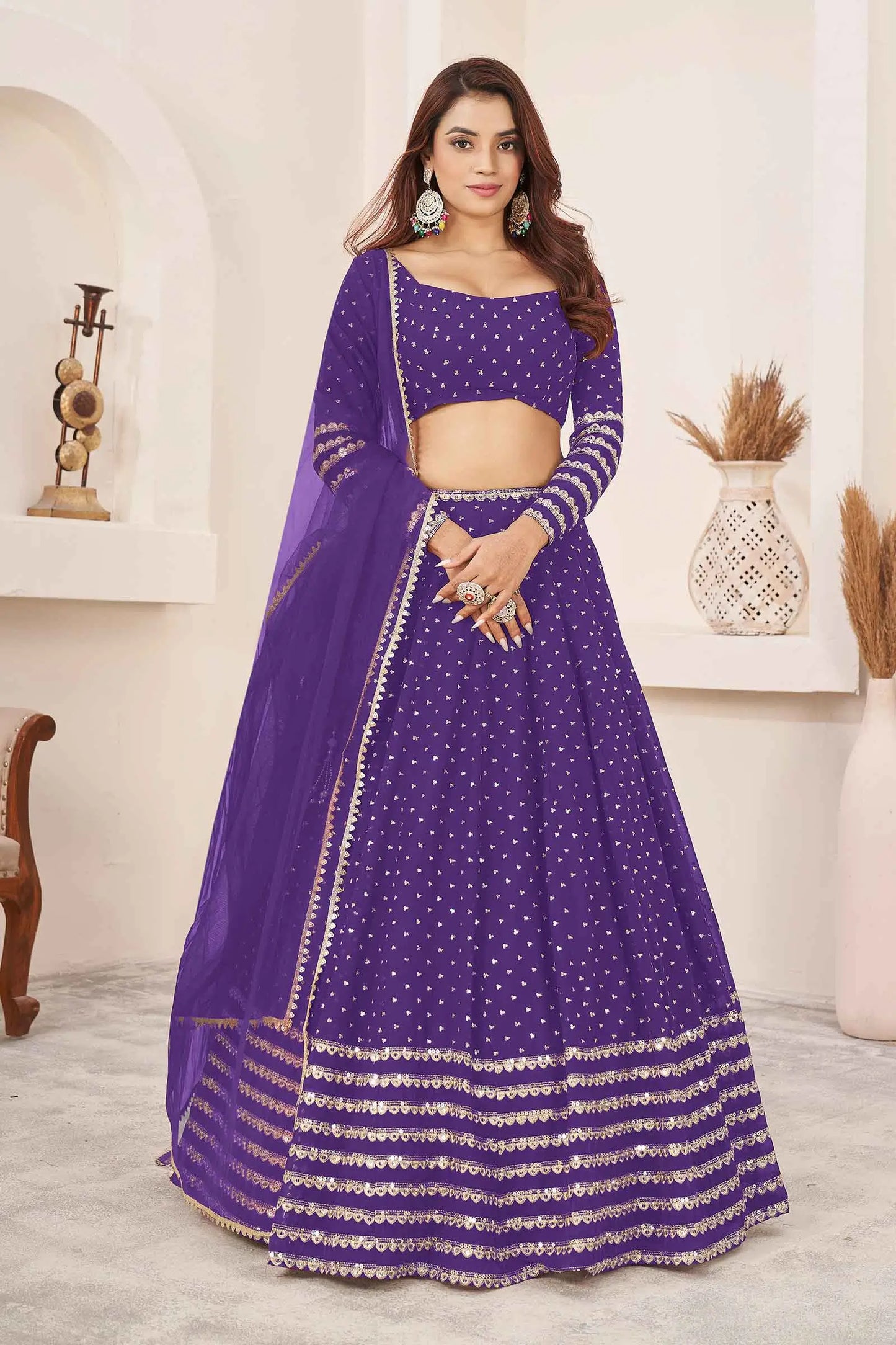 Violet Zari Sequins Embroidery Work Georgette Lehenga Choli