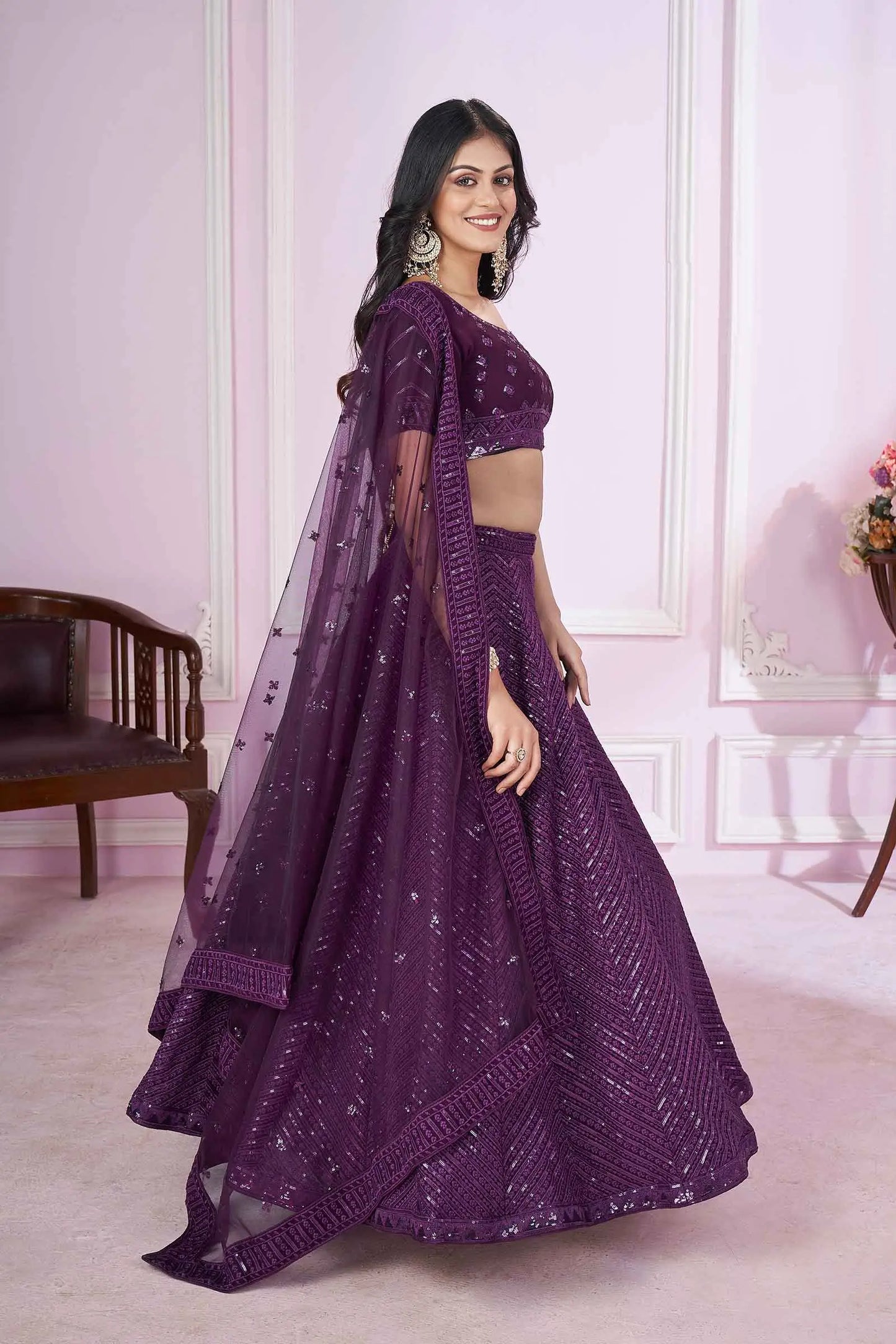 Purple Georgette Lehenga With Sequins And Thread Embroidered Work