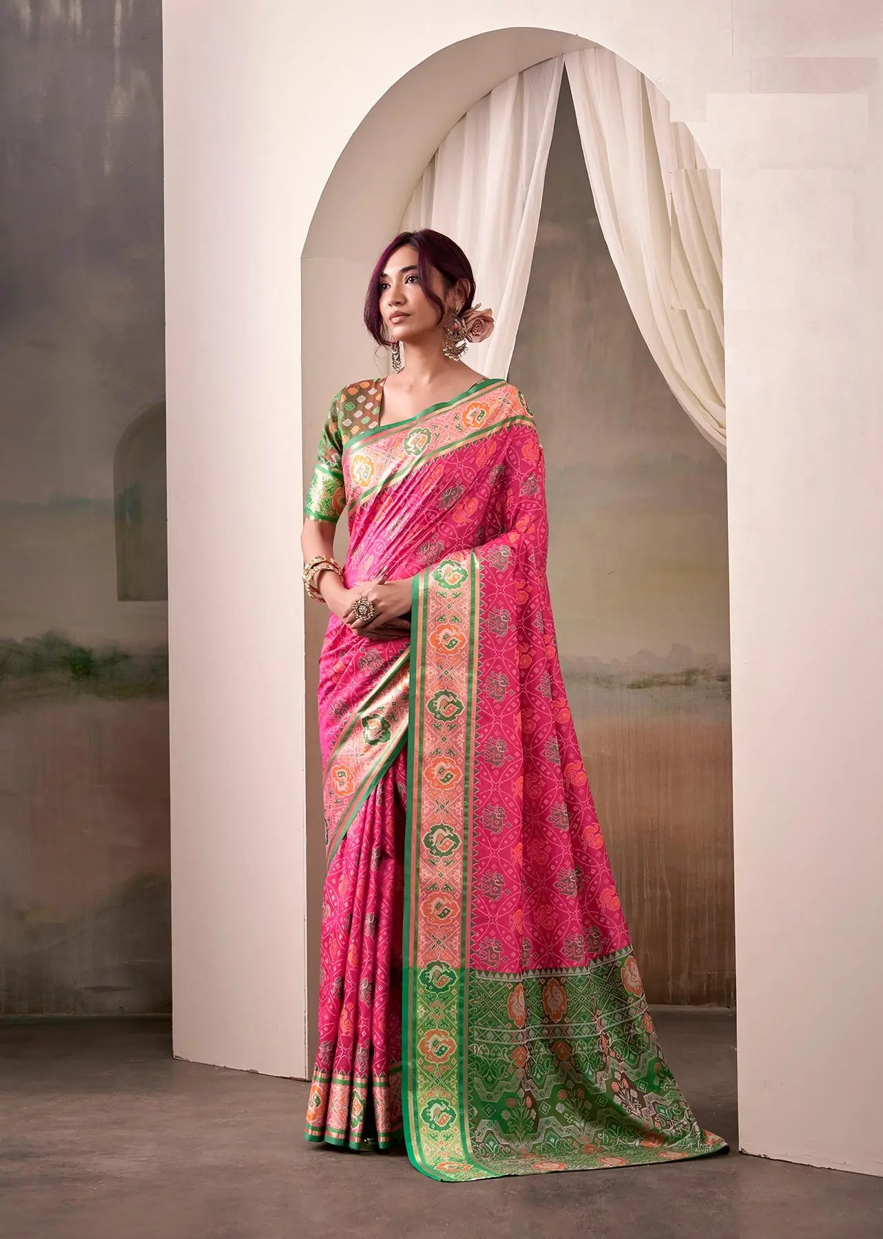 Cherry Pink Patola Silk Saree