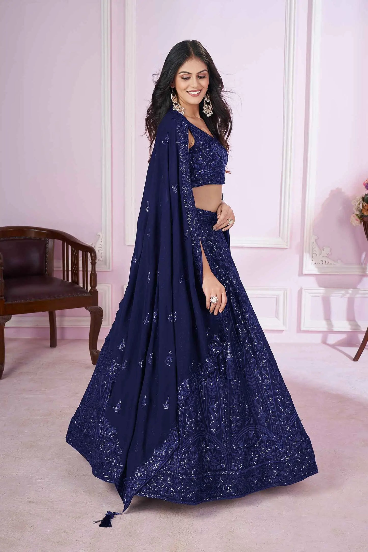Navy Blue Georgette Lehenga With Sequins And Thread Embroidered Work