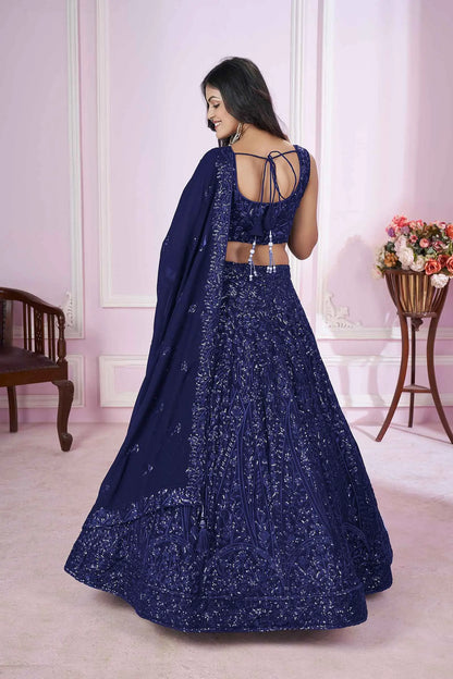 Navy Blue Georgette Lehenga With Sequins And Thread Embroidered Work