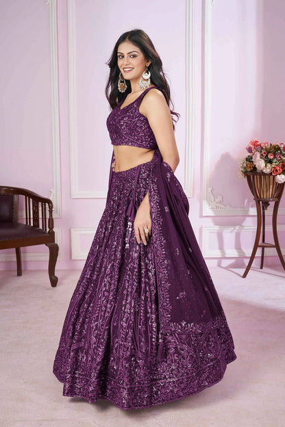 Wine Georgette Lehenga With Sequins And Thread Embroidered Work