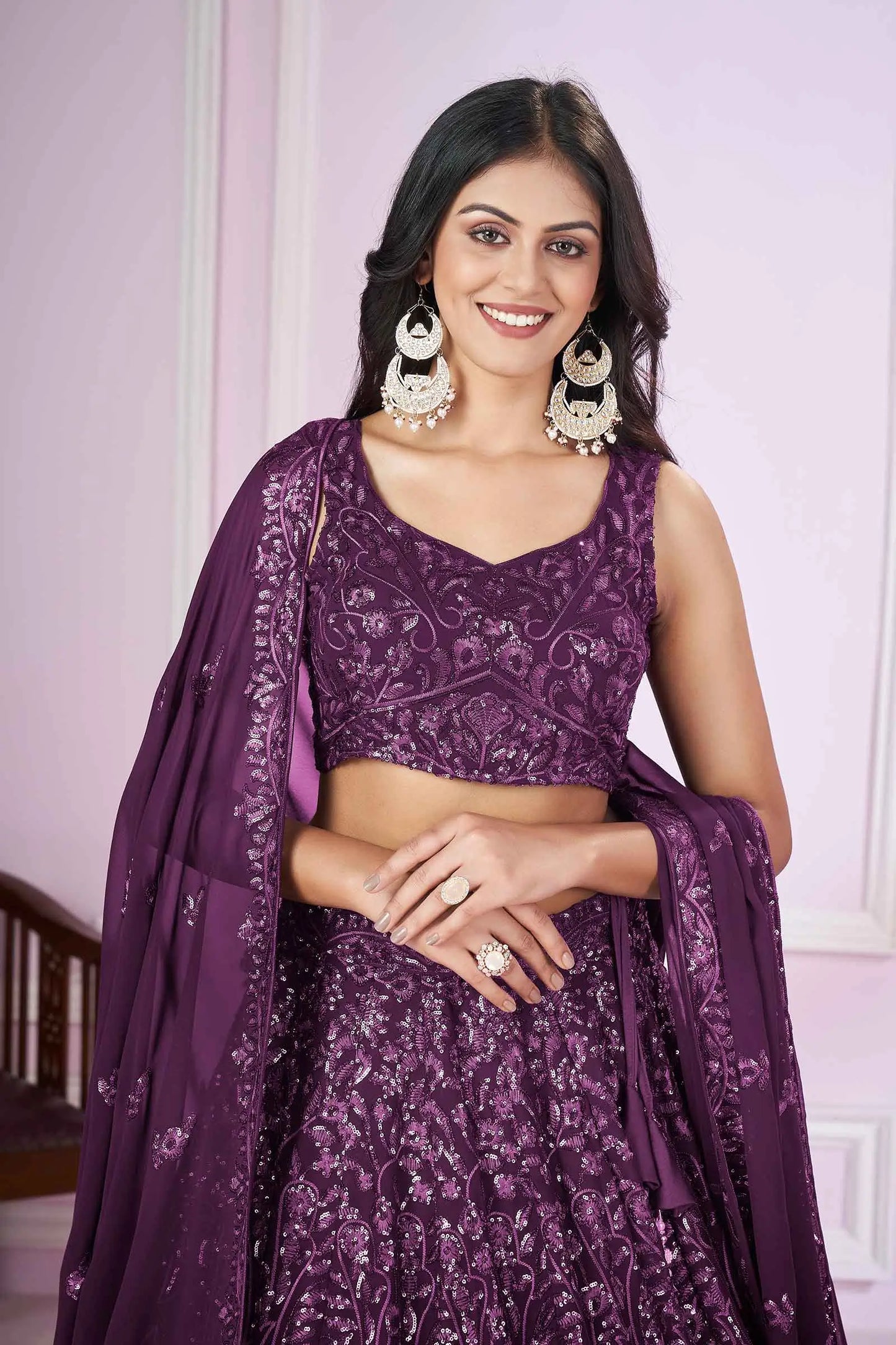 Wine Georgette Lehenga With Sequins And Thread Embroidered Work