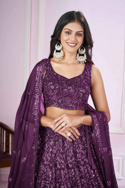 Wine Georgette Lehenga With Sequins And Thread Embroidered Work