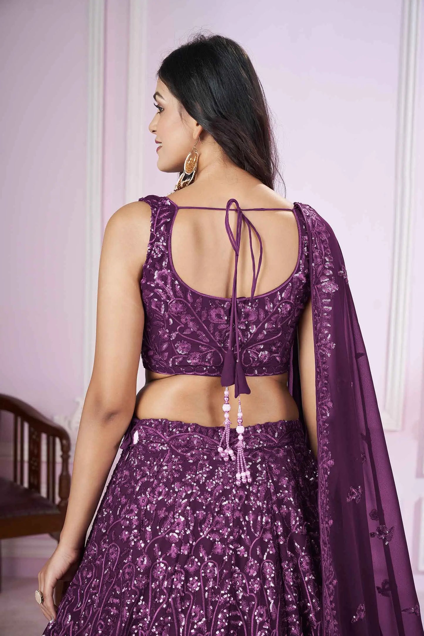 Wine Georgette Lehenga With Sequins And Thread Embroidered Work