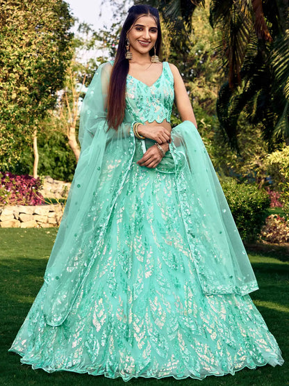 Sky Blue Soft Net Lehenga With Multiple Sequins And Thread Embroidery Work
