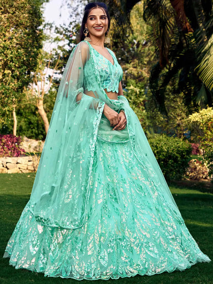 Sky Blue Soft Net Lehenga With Multiple Sequins And Thread Embroidery Work