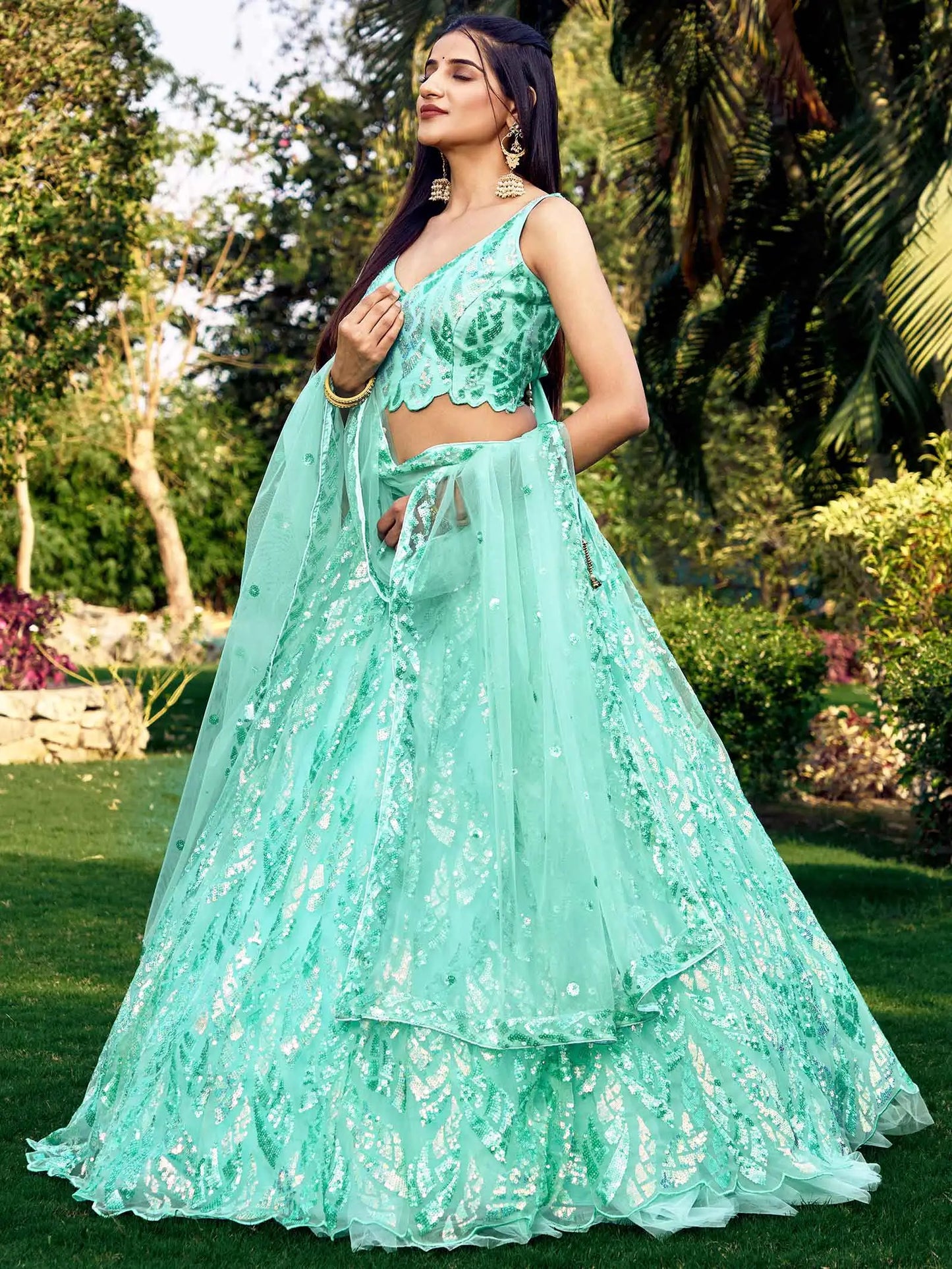 Sky Blue Soft Net Lehenga With Multiple Sequins And Thread Embroidery Work