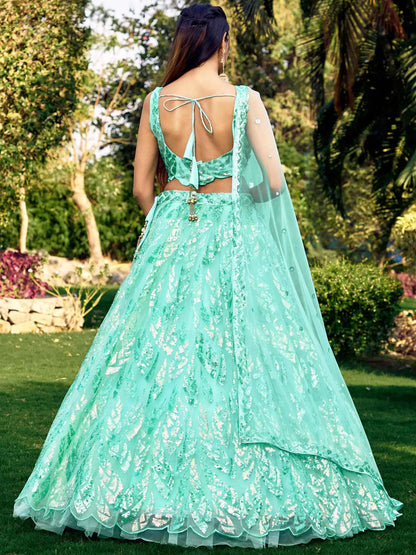 Sky Blue Soft Net Lehenga With Multiple Sequins And Thread Embroidery Work