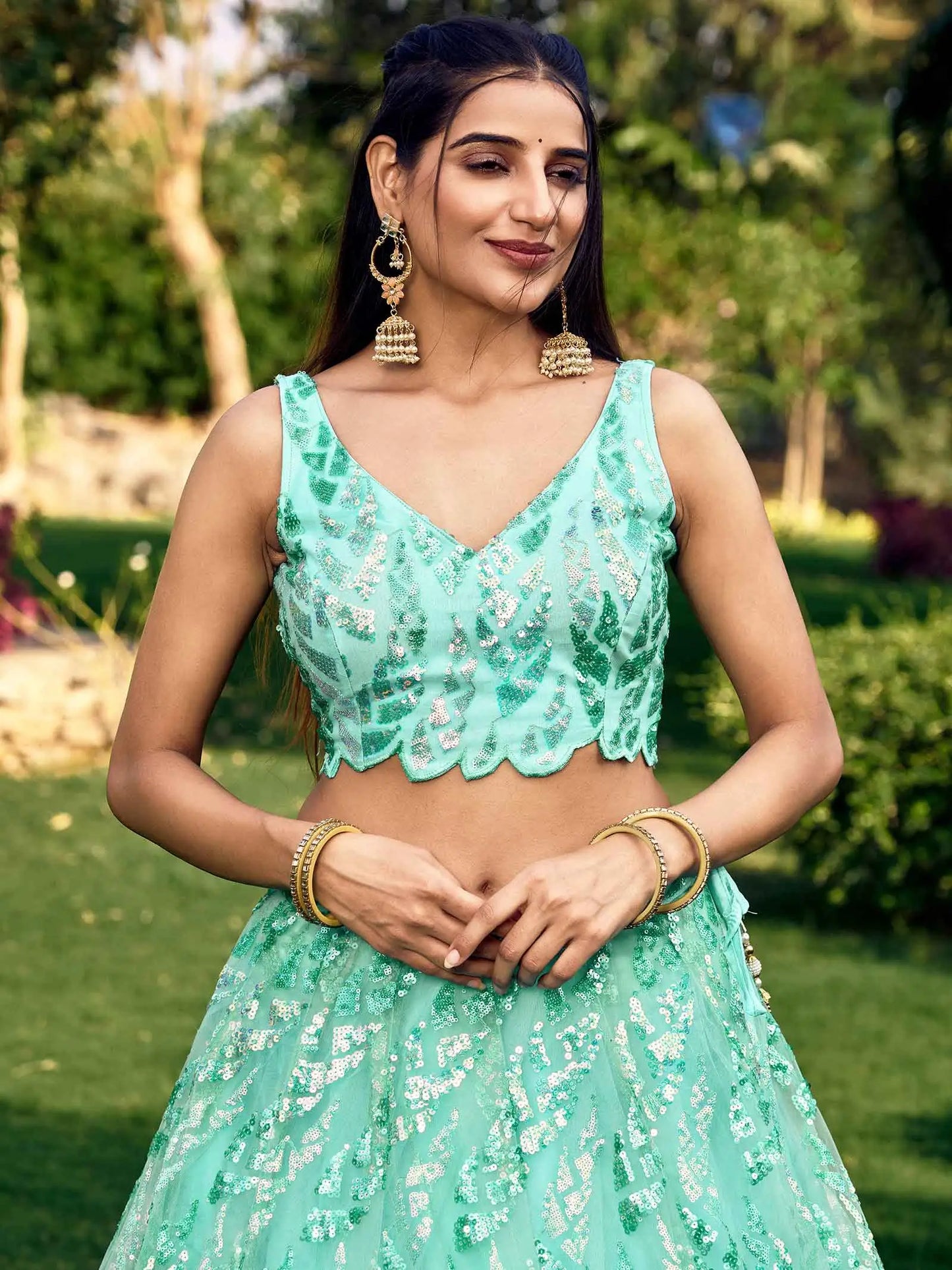 Sky Blue Soft Net Lehenga With Multiple Sequins And Thread Embroidery Work