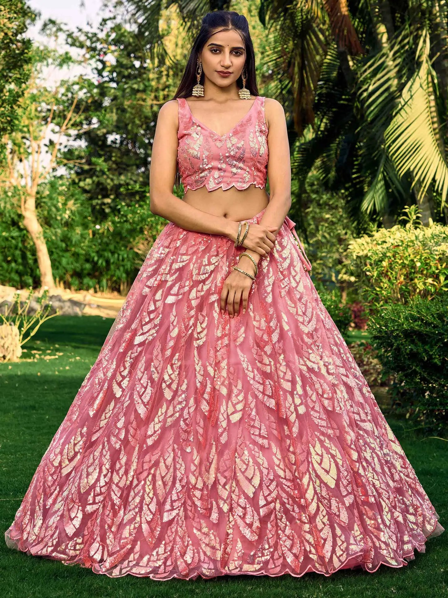 Pink Soft Net Lehenga With Multiple Sequins And Thread Embroidery Work