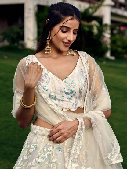 White Soft Net Lehenga With Multiple Sequins And Thread Embroidery Work