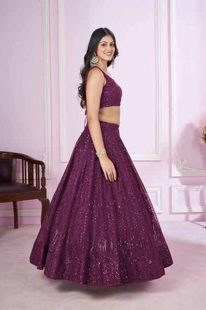 Wine Soft Net Lehenga With Sequins And Thread Embroidered Work
