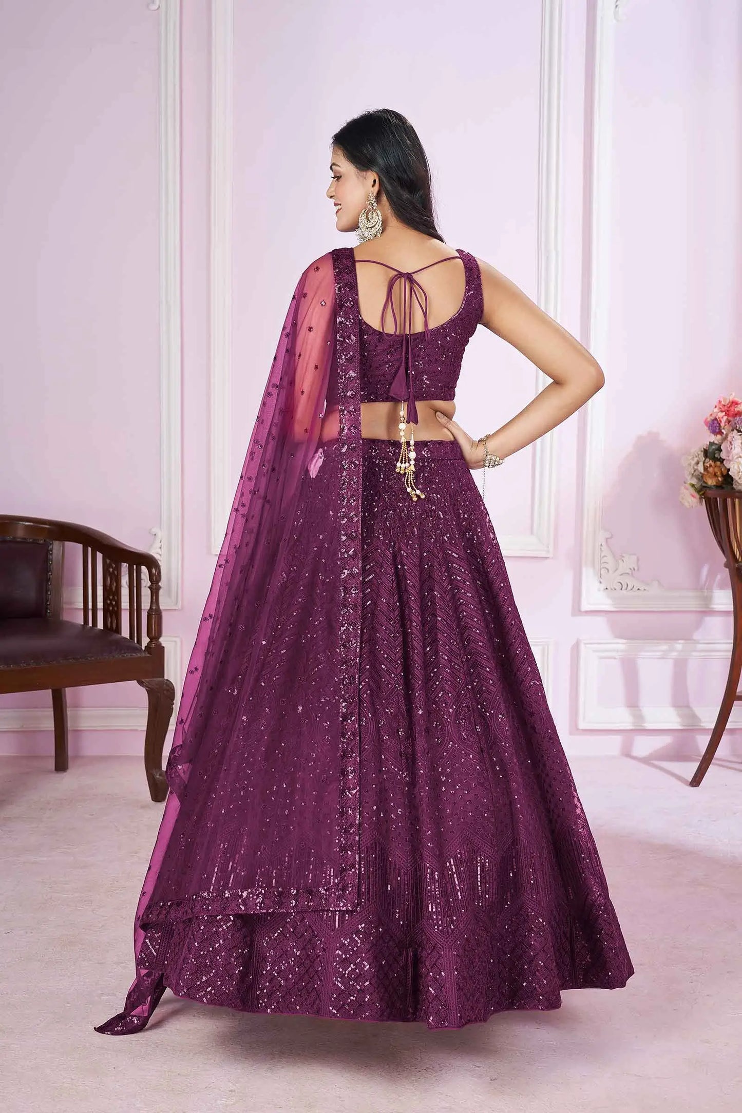 Wine Soft Net Lehenga With Sequins And Thread Embroidered Work
