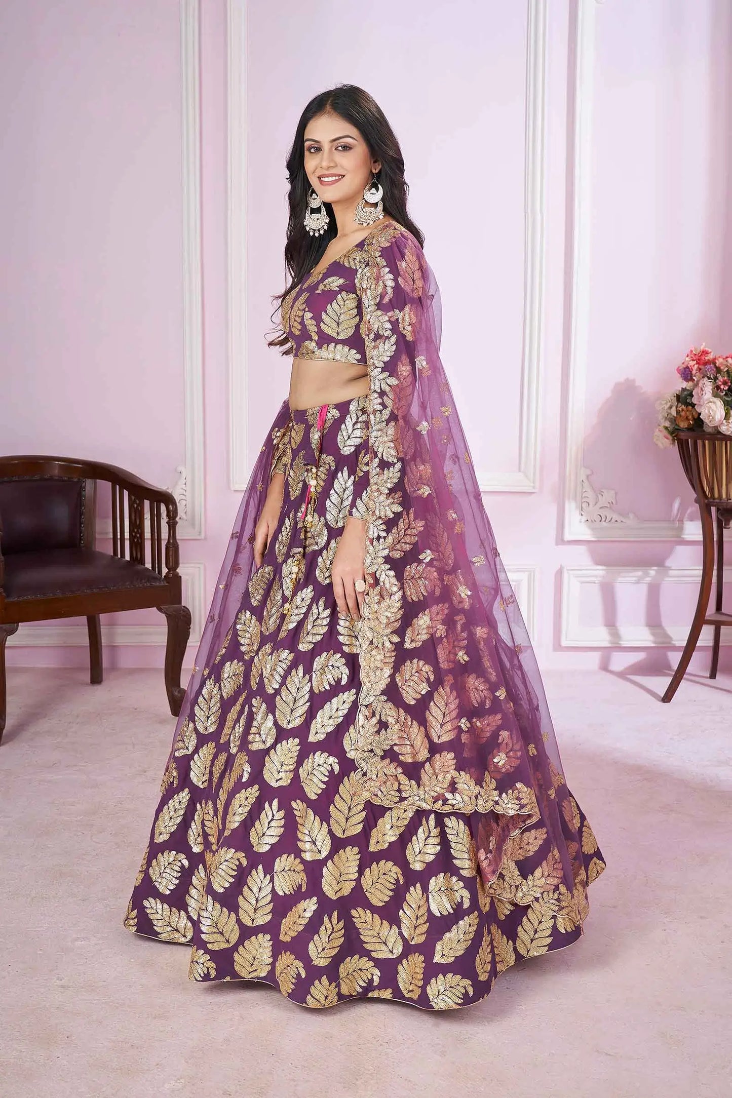 Wine Sequins And Zari Embroidered Work Georgette Lehenga
