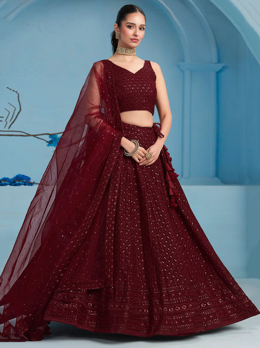 Maroon Designer Lehenga With Sequins Embroidery Work And Dupatta