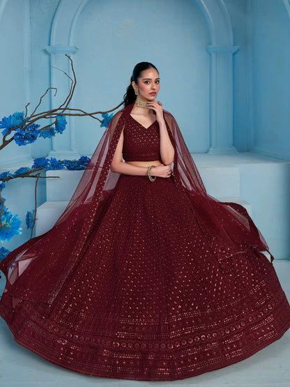 Maroon Designer Lehenga With Sequins Embroidery Work And Dupatta