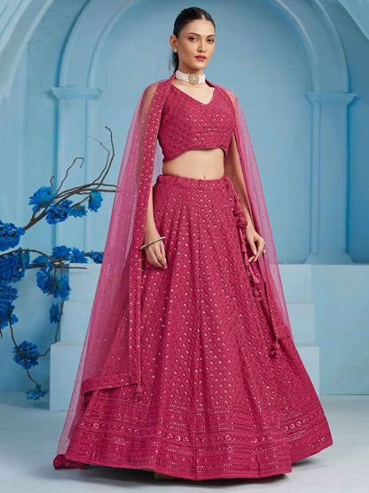 Rosy Pink Party Wear Lehenga With Sequins Embroidery Work And Dupatta